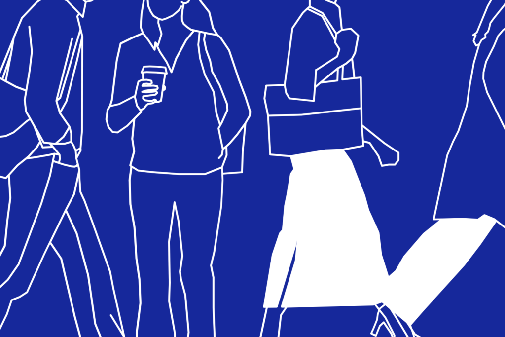 This image has a number of silhouettes of people walking. Silhouettes are in white, background is blue.