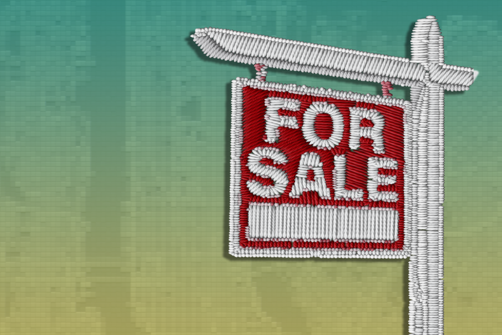 This has a embroided image of a for sale sign (red, with white post). In the background a faded image of NYC can be viewed. There is a yellow green gradient.