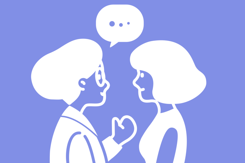 qualstudy A white silhouette image of two women talking to each other on a light purple background.